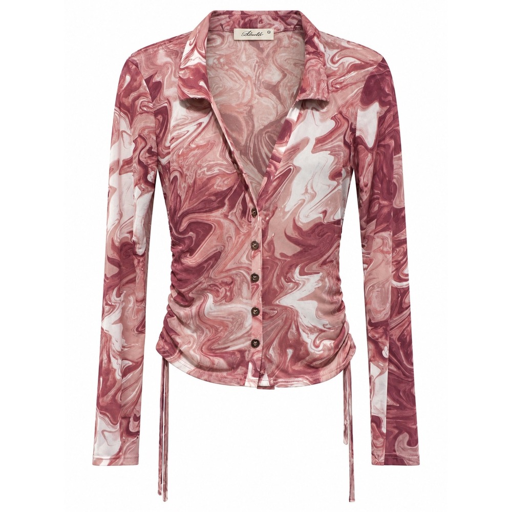 Skönhet Pink Marble Print Mesh Ruched Side Button Down Shirt Y2K Aesthetic - Picture 2 of 6